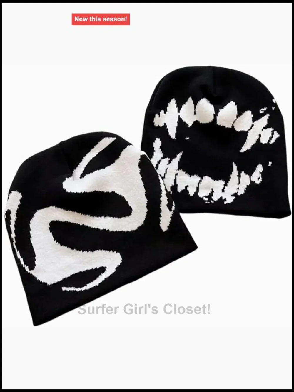 Graphic Knit Beanie Slouchy Skull Cap Streetwear Y2K Goth Hat 2 Pack